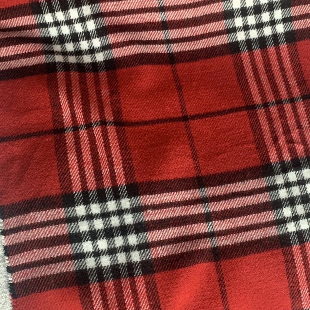 Cashmere winter scarf red black and white plaid with braided fringe